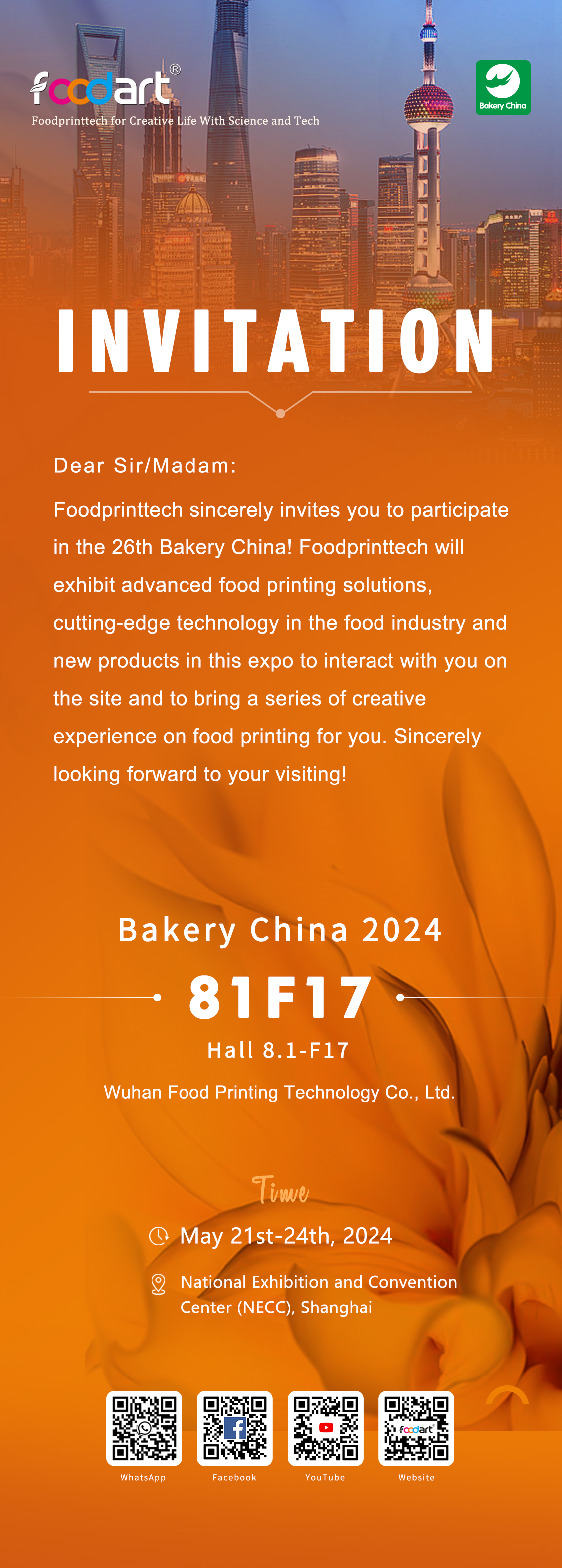 Invitation pour la 26ème édition de Bakery China du 21 au 24 mai 2024